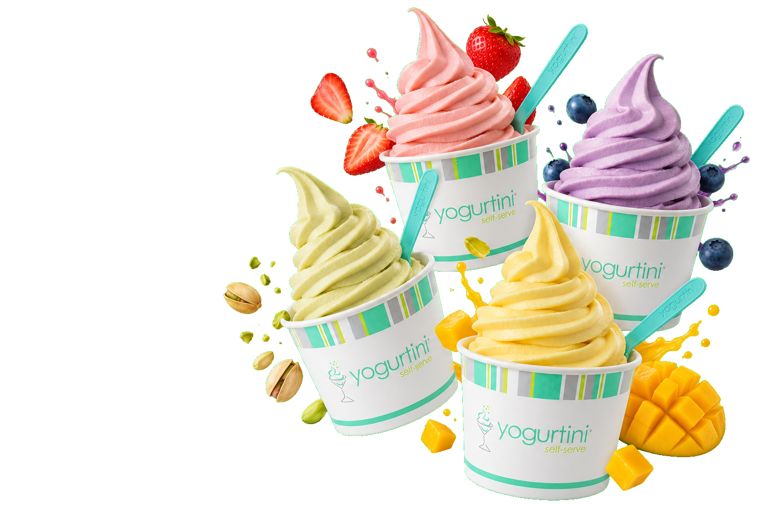 Yogurtini flavors - colorful frozen yogurt cups with fresh fruits and toppings